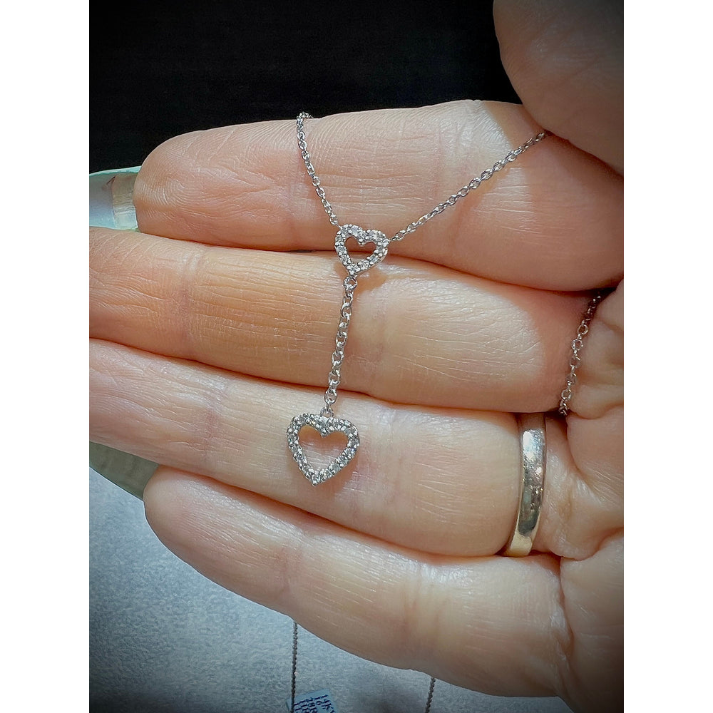 14K Diamond Heart Lariat Necklace / Diamond Double Heart Necklace / 14K Dangling Diamond Heart Necklace / Diamond Heart Necklace