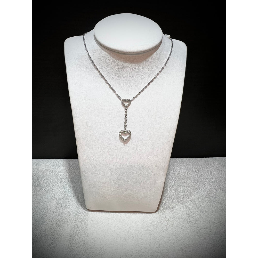 14K Diamond Heart Lariat Necklace / Diamond Double Heart Necklace / 14K Dangling Diamond Heart Necklace / Diamond Heart Necklace