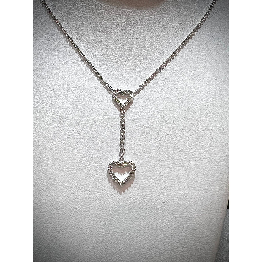 14K Diamond Heart Lariat Necklace / Diamond Double Heart Necklace / 14K Dangling Diamond Heart Necklace / Diamond Heart Necklace