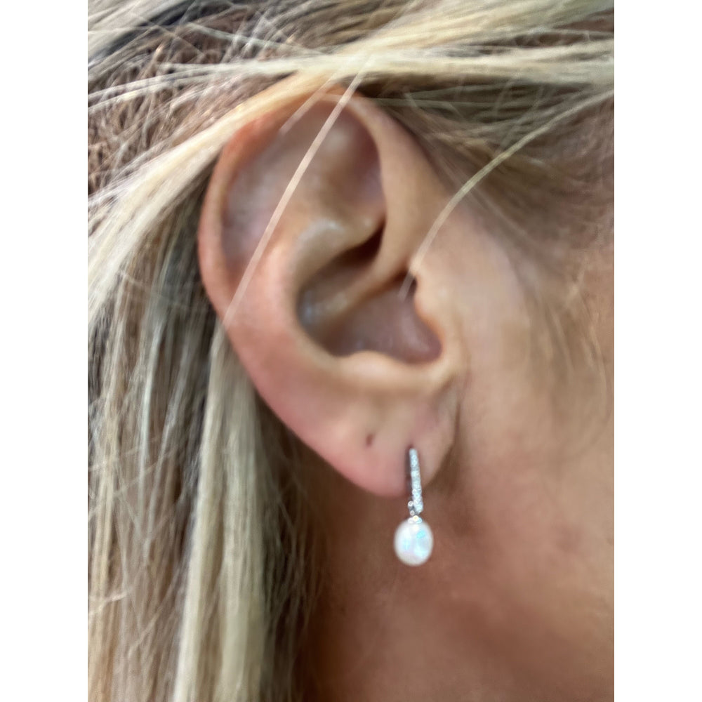 14K White Gold Pearl and Diamond Drop Earrings