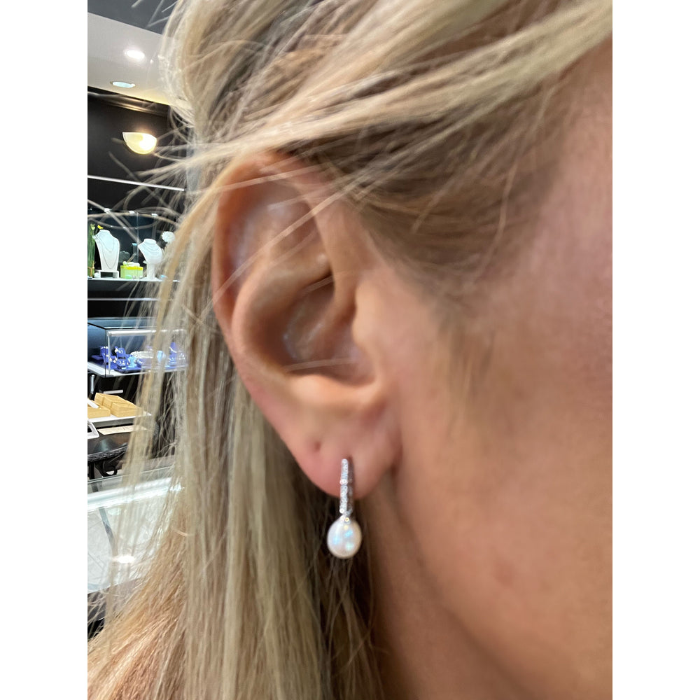 Pearl and Diamond Earrings in 14k / Cultured Pearl Drop Earrings/ Bridal Earrings/ Pearl Earrings / Drop Pearl Earrings