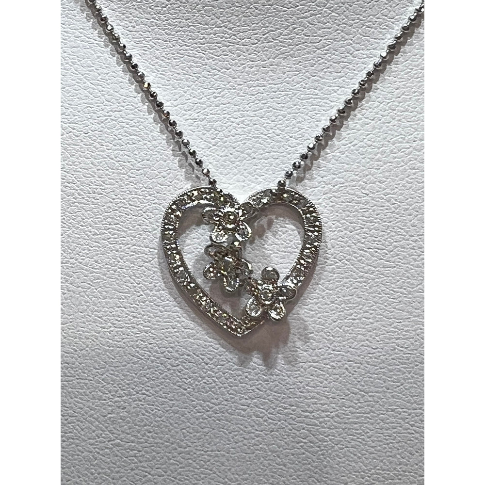 14K Diamond Flower Heart Necklace / Diamond Heart Necklace / 14K White Gold Diamond Heart Necklace / Heart Necklace