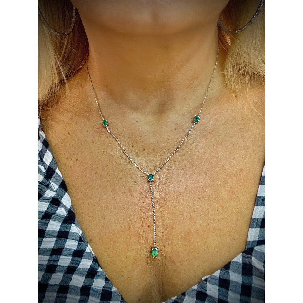 14K White Gold Emerald and Diamond Lariat Necklace: May Birthstone