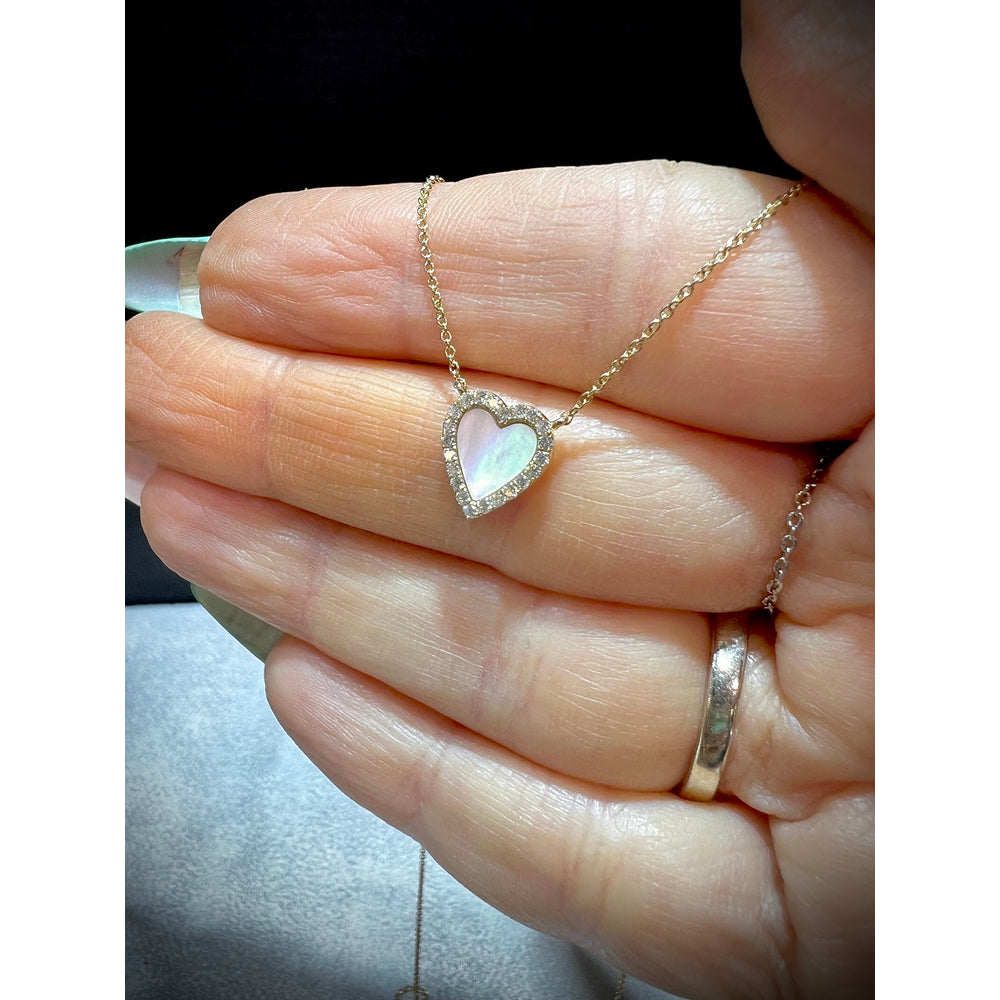 14K Mother of Pearl Diamond Heart Necklace / Mother of Pearl Heart Pendant / 14K Small Diamond Heart / Heart Necklace / Diamond Heart