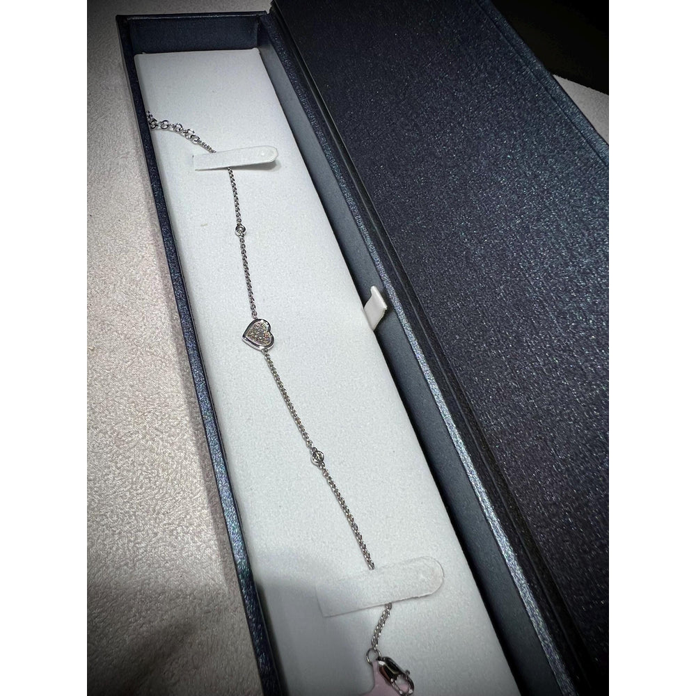 14K White Gold Diamond Heart Bracelet: Adjustable Cable Chain