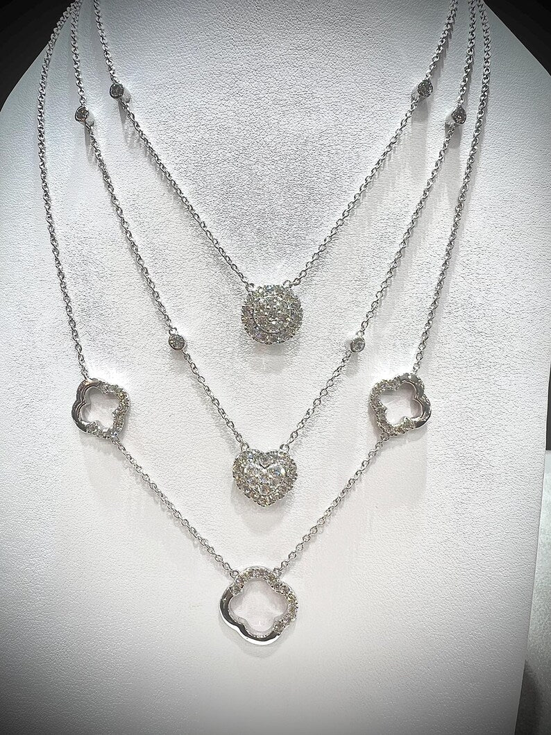 Diamond Multi Layered Charm Necklace 2.81 Carats with Heart, Clover, and Round Diamond Charms: Sterling Silver, Lab Grown Diamonds