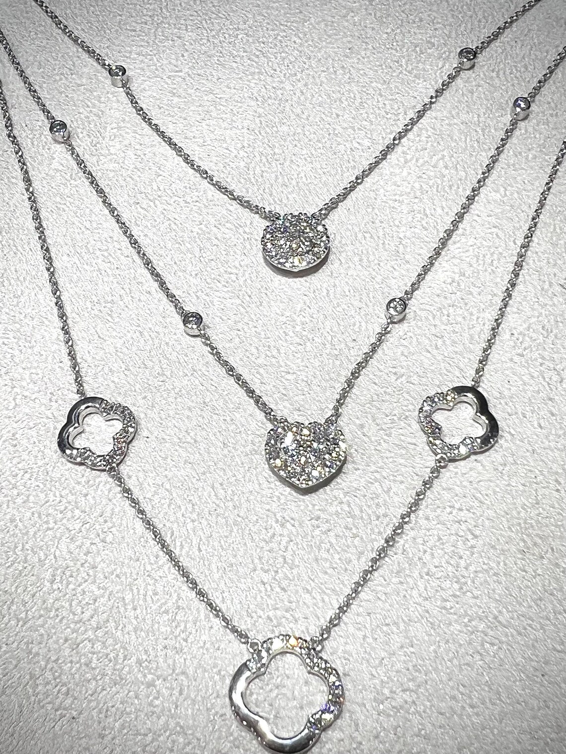 Diamond Multi Layered Charm Necklace 2.81 Carats with Heart, Clover, and Round Diamond Charms: Sterling Silver, Lab Grown Diamonds