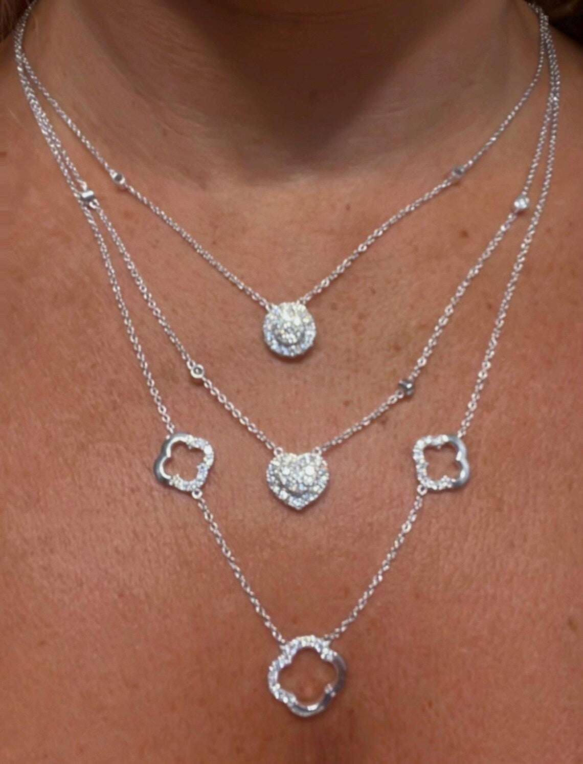 Diamond Multi Layered Charm Necklace 2.81 Carats with Heart, Clover, and Round Diamond Charms: Sterling Silver, Lab Grown Diamonds