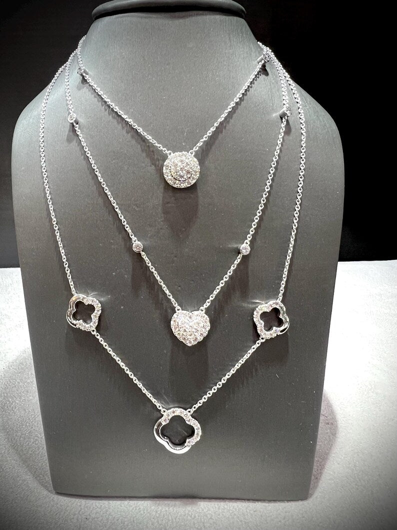 Diamond Multi Layered Charm Necklace 2.81 Carats with Heart, Clover, and Round Diamond Charms: Sterling Silver, Lab Grown Diamonds