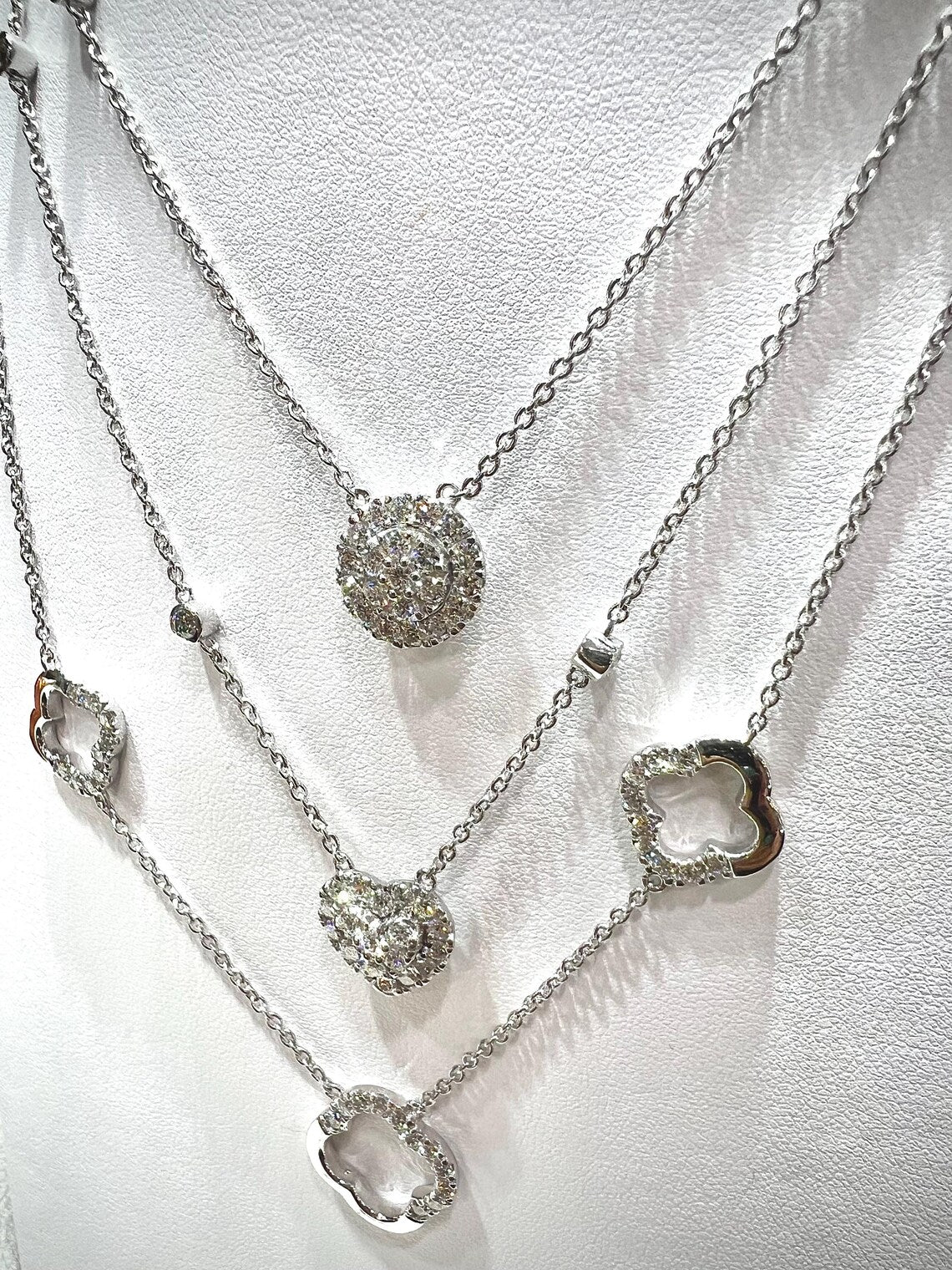 Diamond Multi Layered Charm Necklace 2.81 Carats with Heart, Clover, and Round Diamond Charms: Sterling Silver, Lab Grown Diamonds
