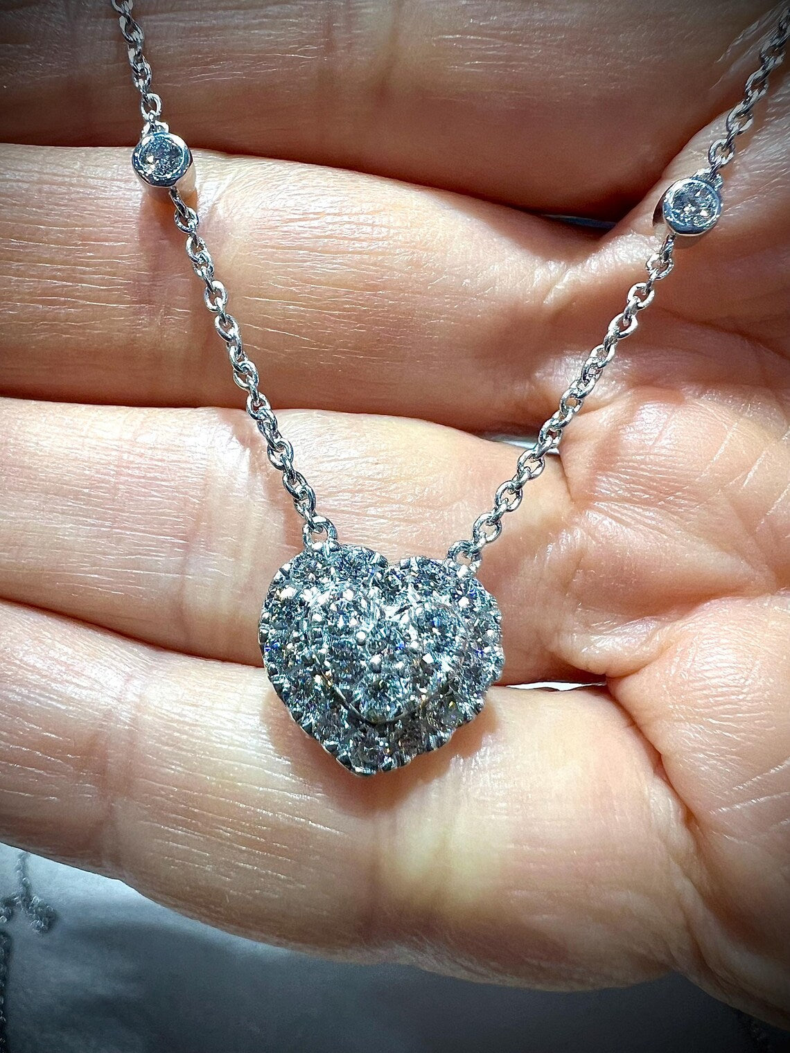 Diamond Multi Layered Charm Necklace 2.81 Carats with Heart, Clover, and Round Diamond Charms: Sterling Silver, Lab Grown Diamonds