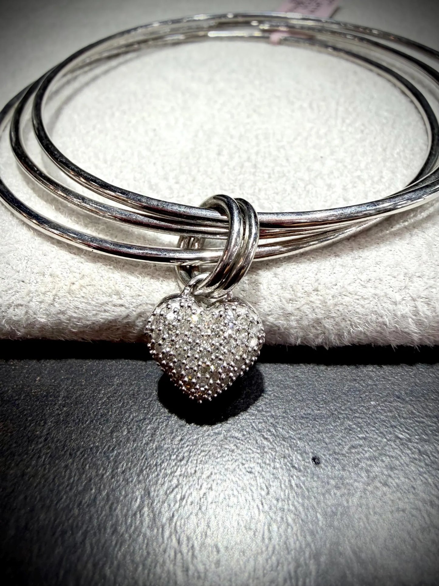 Sterling Silver Triple Bangle with Dangle Diamond Heart: Slip On Style, Natural Diamonds 0.25ct