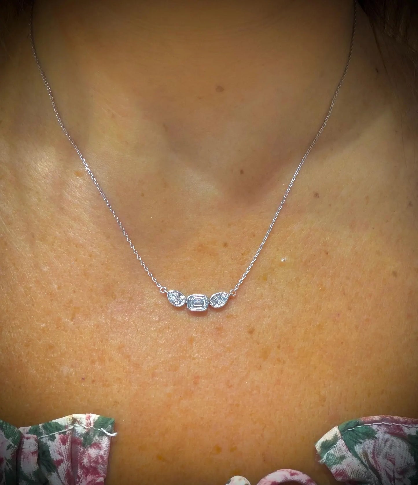 Fancy Shape Bezel Set Diamond Necklace with Emerald Cut and Pear Lab Grown Diamonds 1.52 ct tw.: Sterling Silver Adjustable 16”-18”.