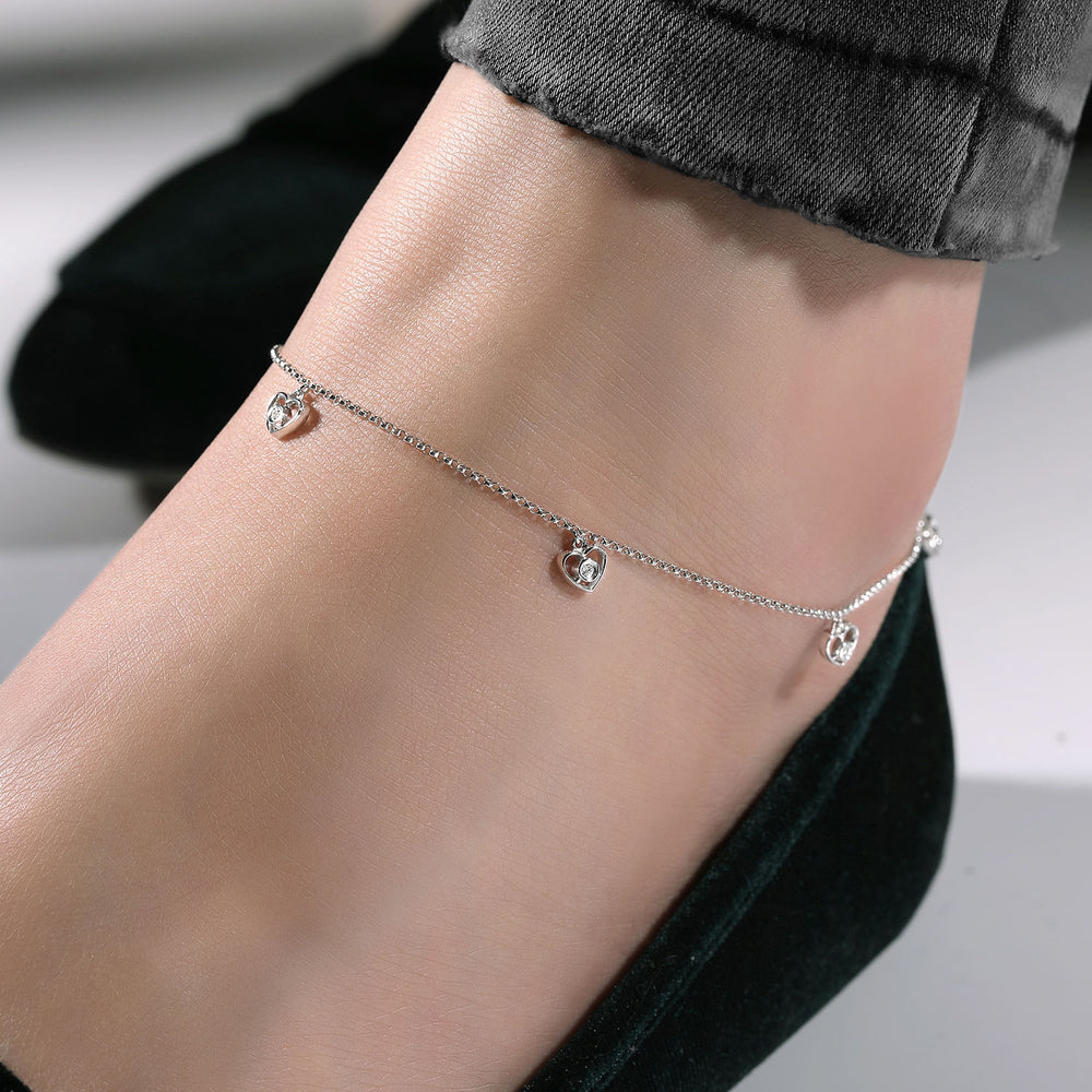 14K White Gold Chain Ankle Bracelet with White Gold Diamond Heart Charms