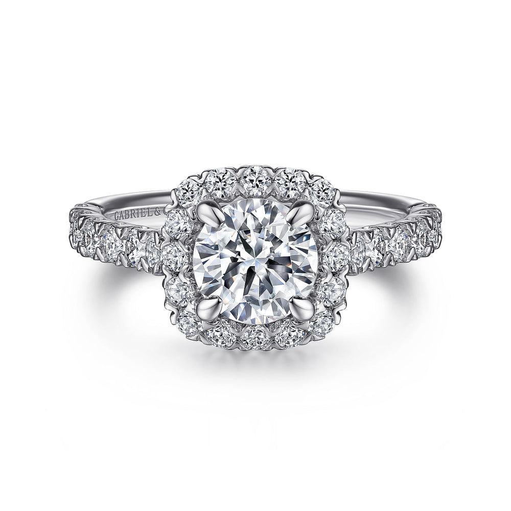 14K White Gold Cushion Halo Round Diamond Engagement Ring