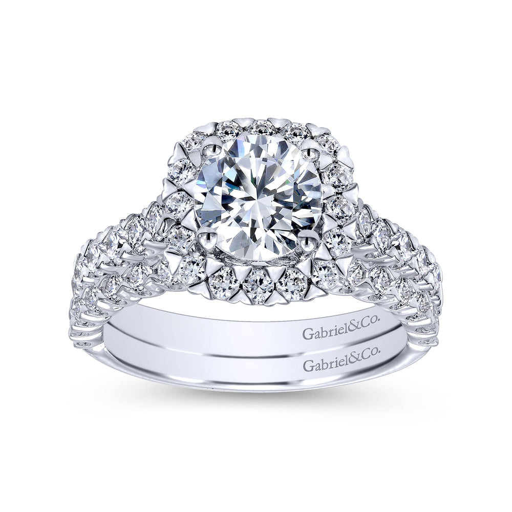 14K White Gold Cushion Halo Round Diamond Engagement Ring
