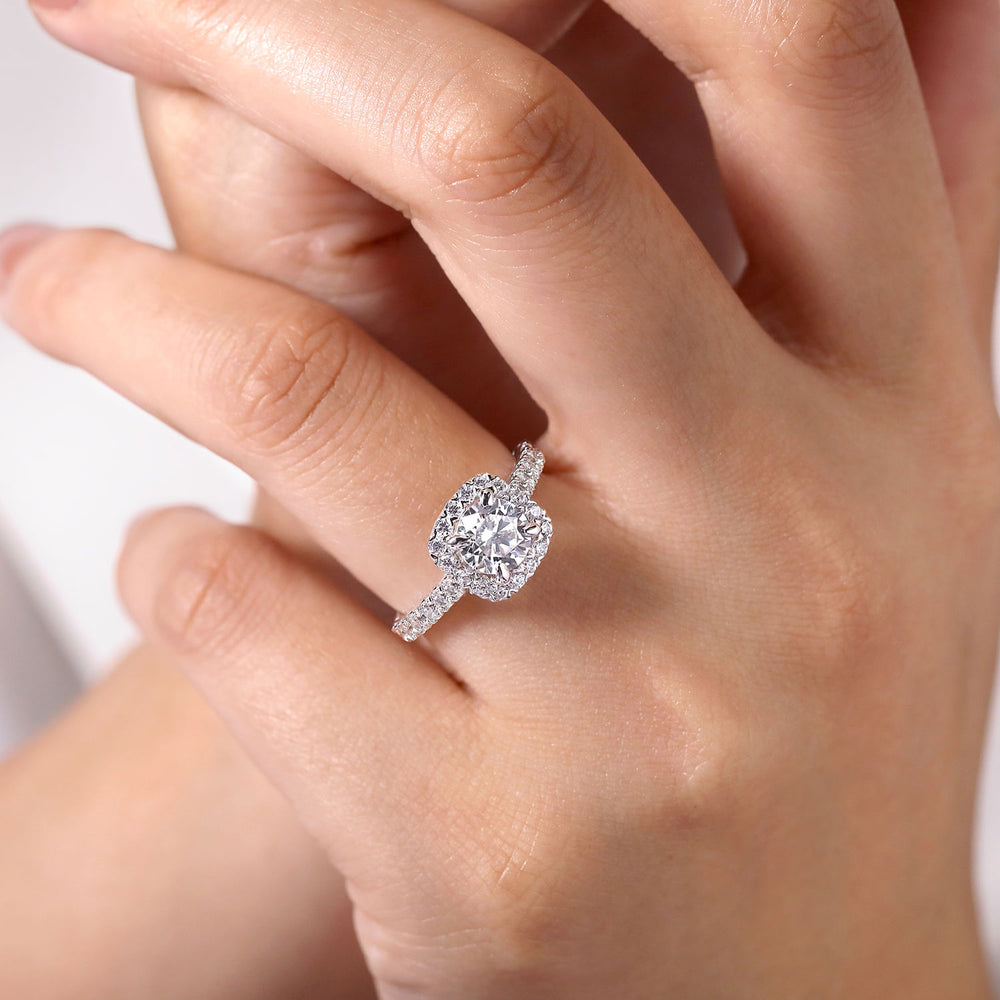 14K White Gold Cushion Halo Round Diamond Engagement Ring