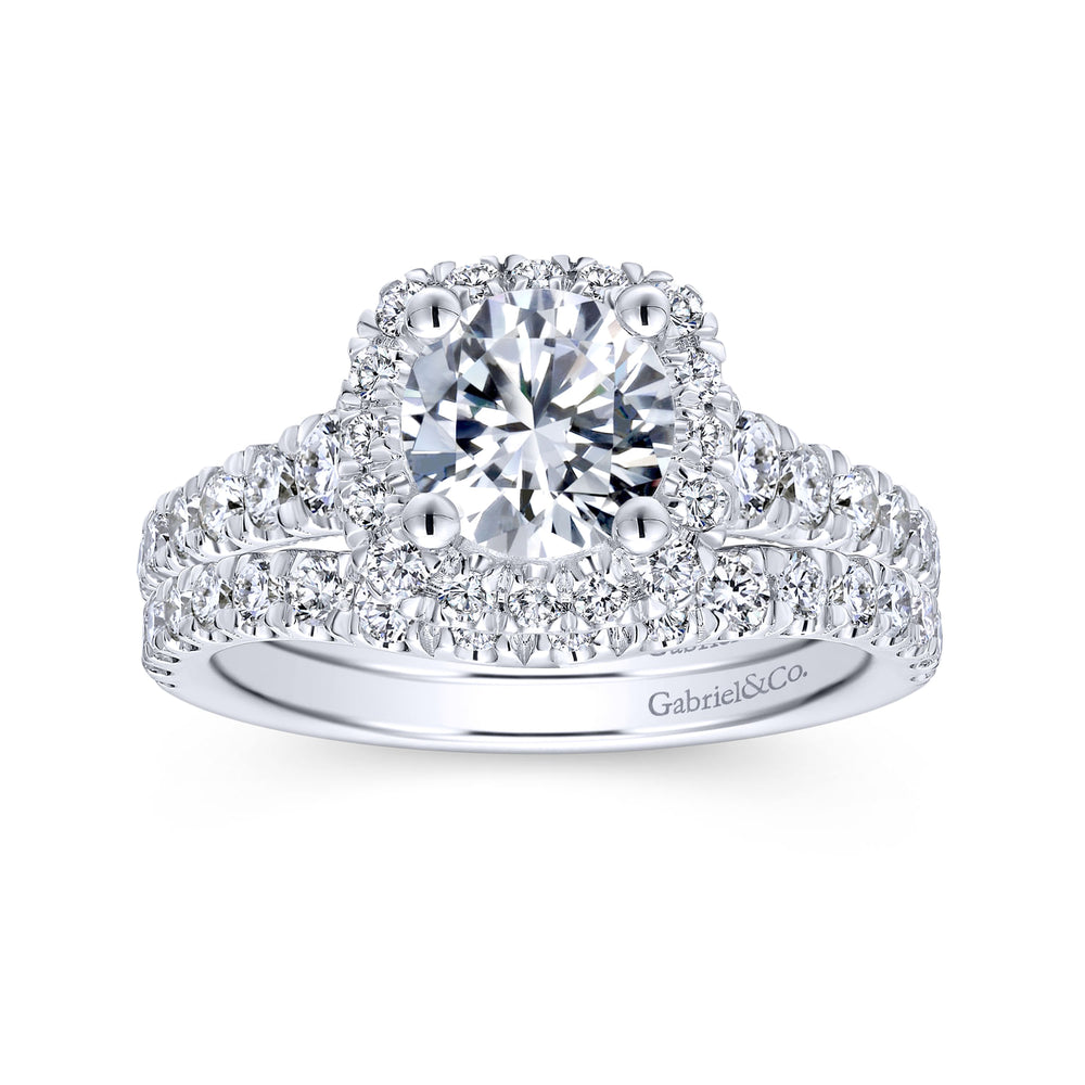 18K White Gold Cushion Halo Round Diamond Engagement Ring