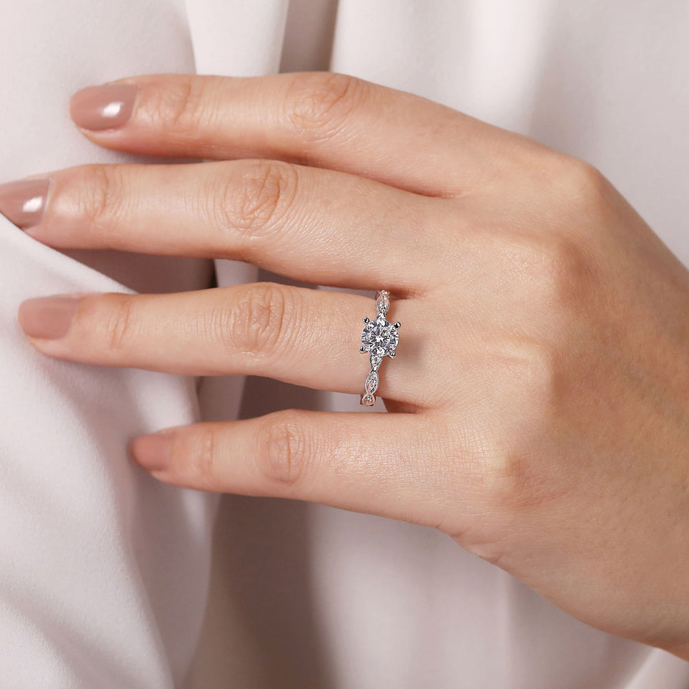 Vintage Inspired 14K White Gold Round Diamond Engagement Ring