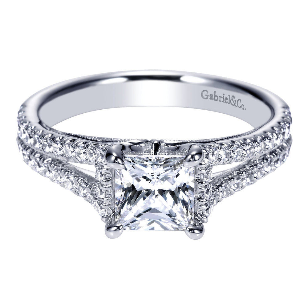 14K White Gold Princess Cut Split Shank Diamond Engagement Ring