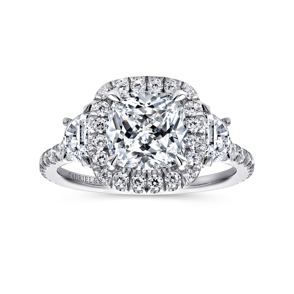 14K White Gold Cushion Three Stone Halo Diamond Engagement Ring