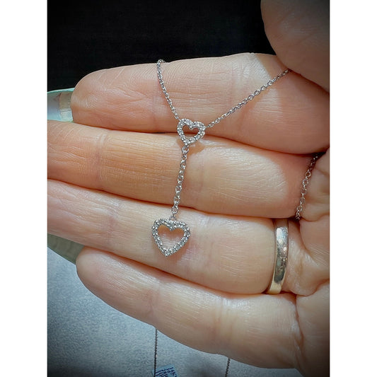 14K Diamond Heart Lariat Necklace / Diamond Double Heart Necklace / 14K Dangling Diamond Heart Necklace / Diamond Heart Necklace