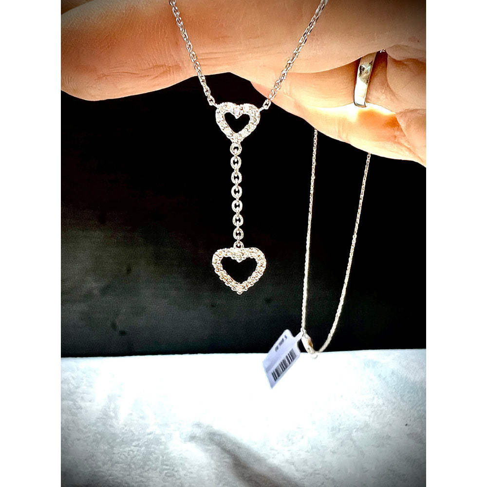 14K Diamond Heart Lariat Necklace / Diamond Double Heart Necklace / 14K Dangling Diamond Heart Necklace / Diamond Heart Necklace