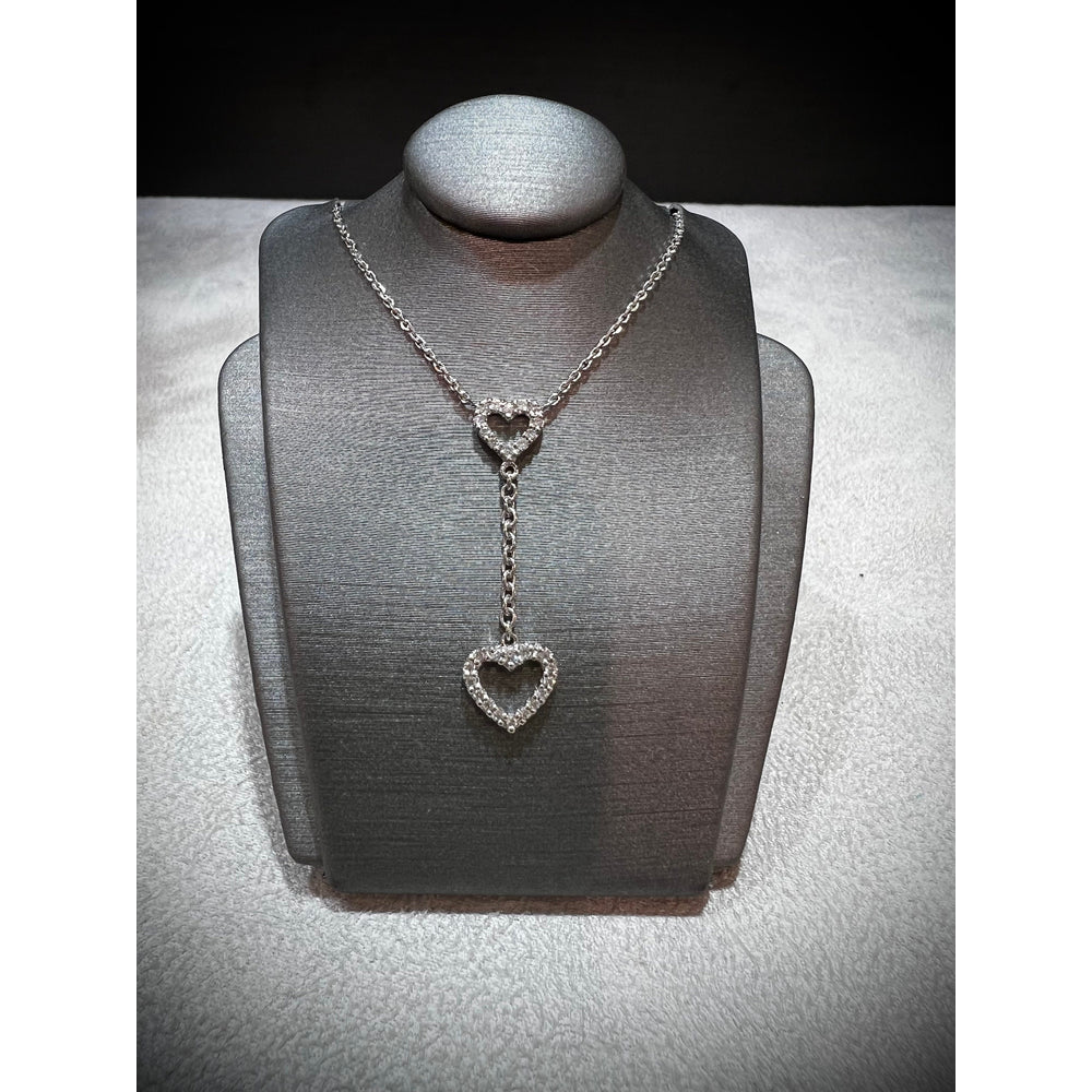 14K Diamond Heart Lariat Necklace / Diamond Double Heart Necklace / 14K Dangling Diamond Heart Necklace / Diamond Heart Necklace