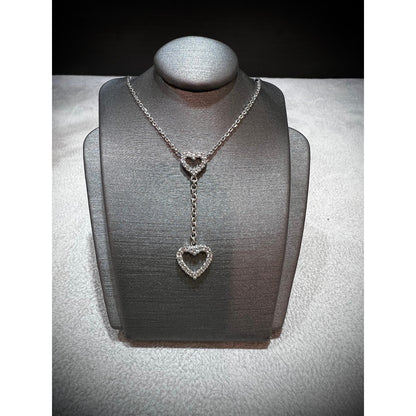 14K Diamond Heart Lariat Necklace / Diamond Double Heart Necklace / 14K Dangling Diamond Heart Necklace / Diamond Heart Necklace