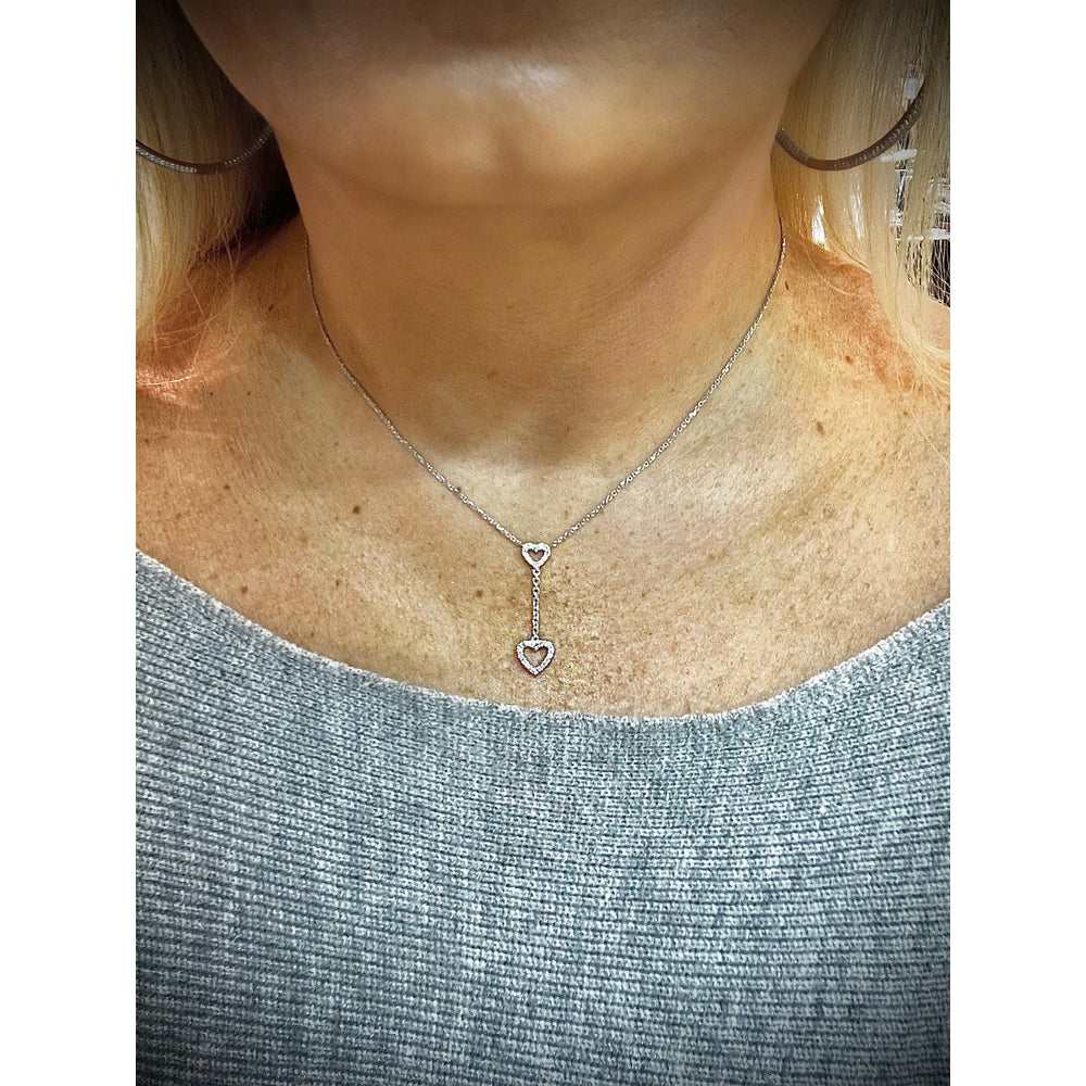 14K Diamond Heart Lariat Necklace / Diamond Double Heart Necklace / 14K Dangling Diamond Heart Necklace / Diamond Heart Necklace