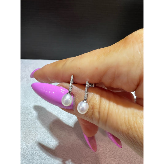 Pearl and Diamond Earrings in 14k / Cultured Pearl Drop Earrings/ Bridal Earrings/ Pearl Earrings / Drop Pearl Earrings