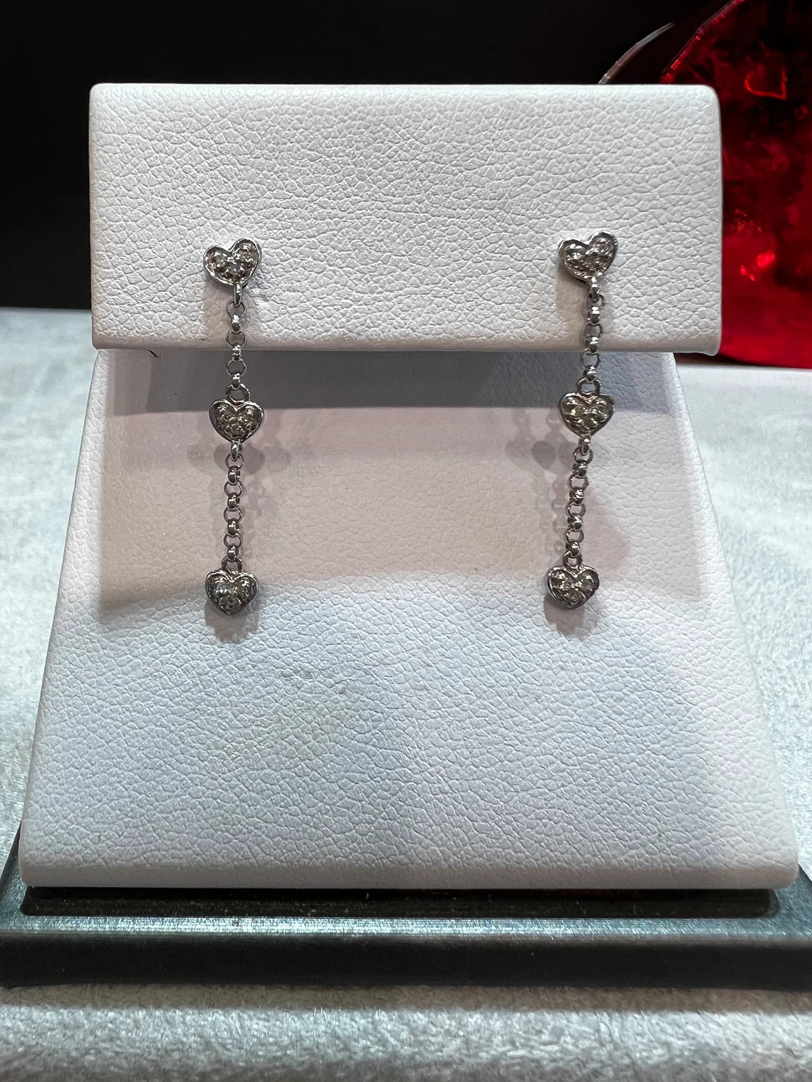 14k White Gold Diamond Heart Dangle Earrings