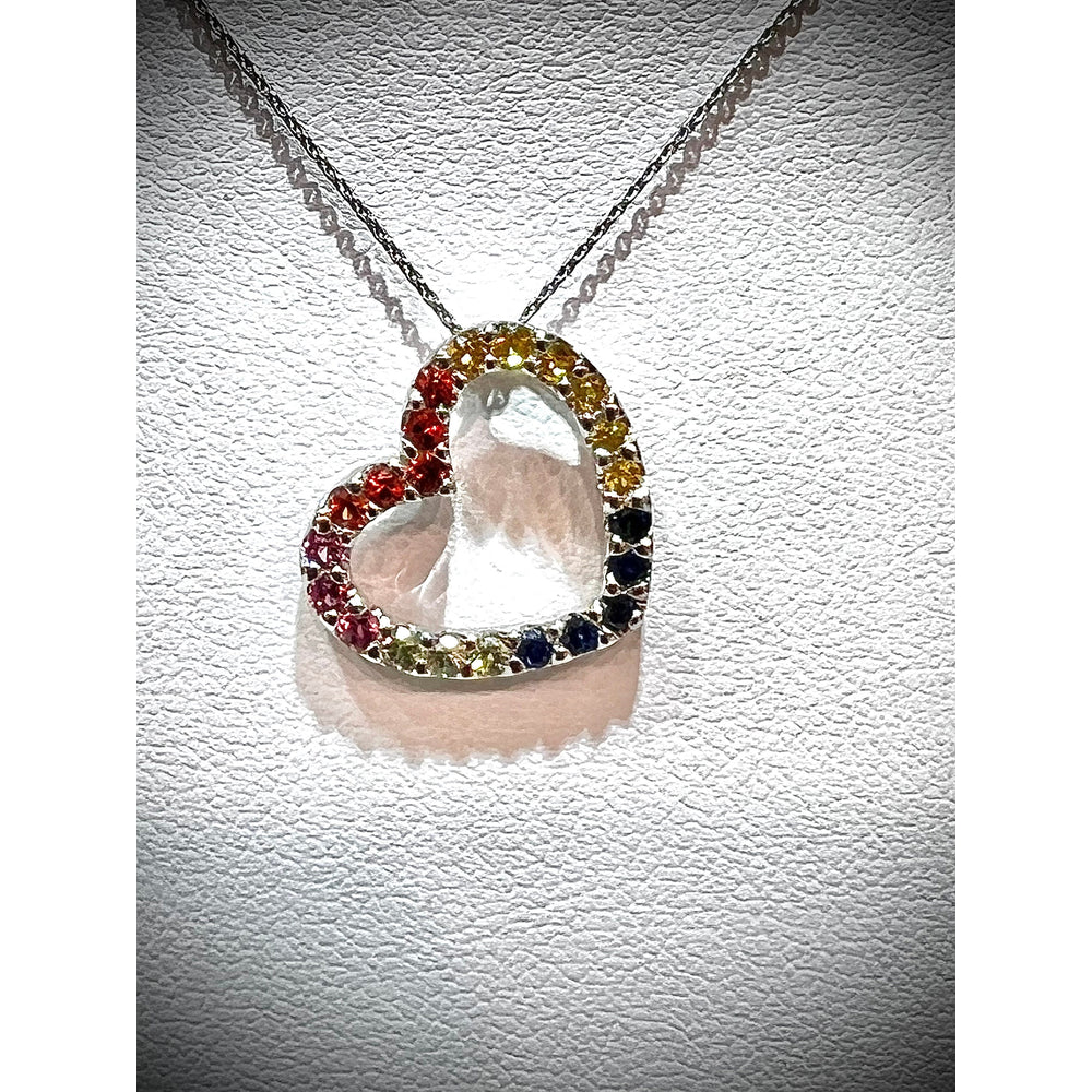 Rainbow Heart Necklace / 14K Multi-Colored Sapphire Heart Necklace / Sapphire Heart Pendant / Sideways Rainbow Heart Necklace