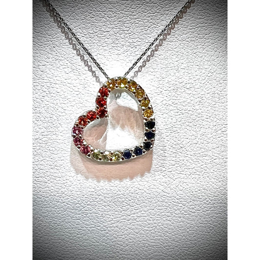 Rainbow Heart Necklace / 14K Multi-Colored Sapphire Heart Necklace / Sapphire Heart Pendant / Sideways Rainbow Heart Necklace
