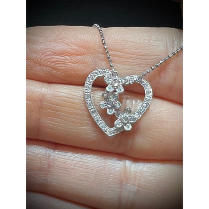 14K Diamond Flower Heart Necklace / Diamond Heart Necklace / 14K White Gold Diamond Heart Necklace / Heart Necklace