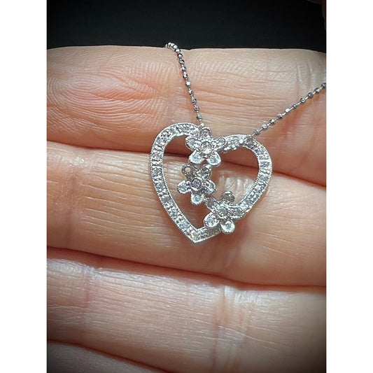 14K Diamond Flower Heart Necklace / Diamond Heart Necklace / 14K White Gold Diamond Heart Necklace / Heart Necklace