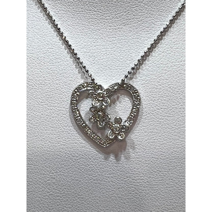 14K Diamond Flower Heart Necklace / Diamond Heart Necklace / 14K White Gold Diamond Heart Necklace / Heart Necklace