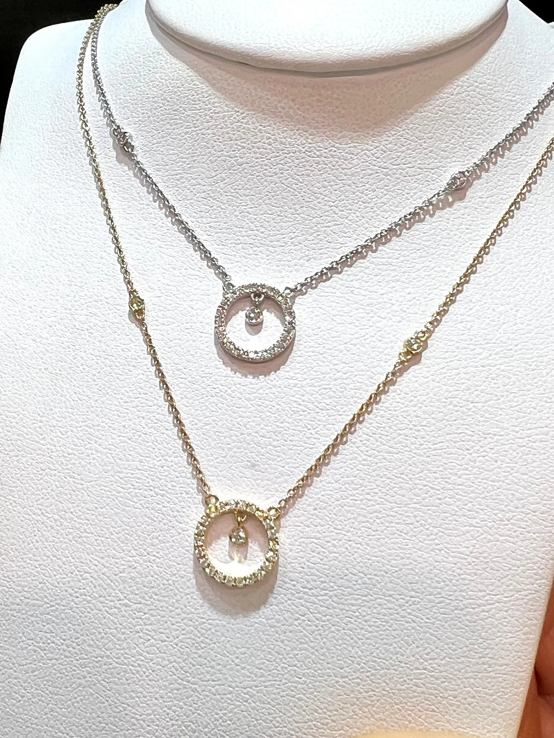 14K Natural Diamond Circle Pendant Necklace: Bezel Set Adjustable Cable Chain