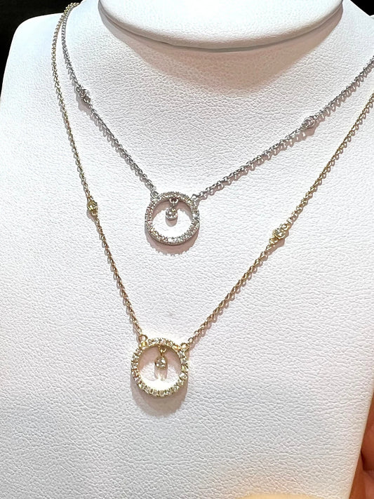 14K Natural Diamond Circle Pendant Necklace: Bezel Set Adjustable Cable Chain