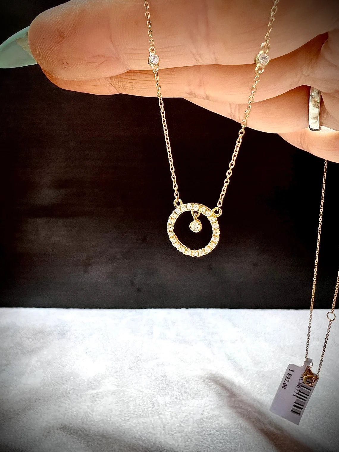 14K Natural Diamond Circle Pendant Necklace: Bezel Set Adjustable Cable Chain