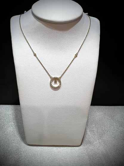 14K Natural Diamond Circle Pendant Necklace: Bezel Set Adjustable Cable Chain
