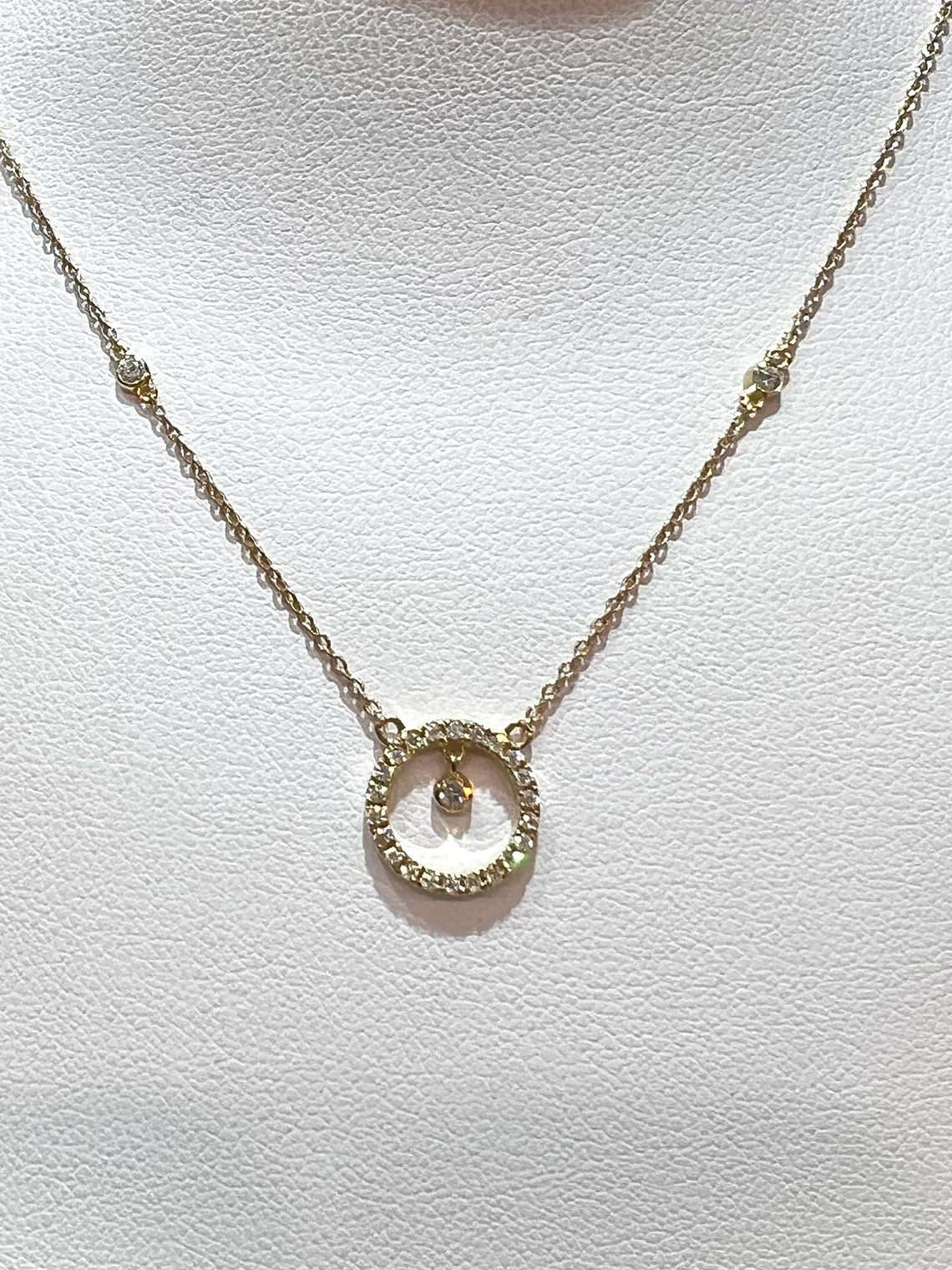 14K Natural Diamond Circle Pendant Necklace: Bezel Set Adjustable Cable Chain