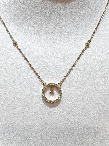 14K Natural Diamond Circle Pendant Necklace: Bezel Set Adjustable Cable Chain