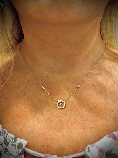 14K Natural Diamond Circle Pendant Necklace: Bezel Set Adjustable Cable Chain