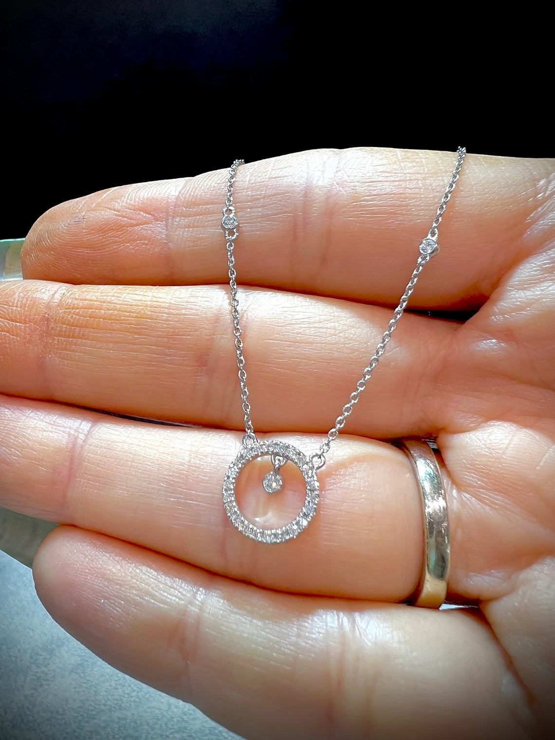 14K Natural Diamond Circle Pendant Necklace: Bezel Set Adjustable Cable Chain
