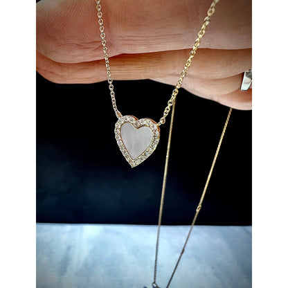 14K Mother of Pearl Diamond Heart Necklace / Mother of Pearl Heart Pendant / 14K Small Diamond Heart / Heart Necklace / Diamond Heart