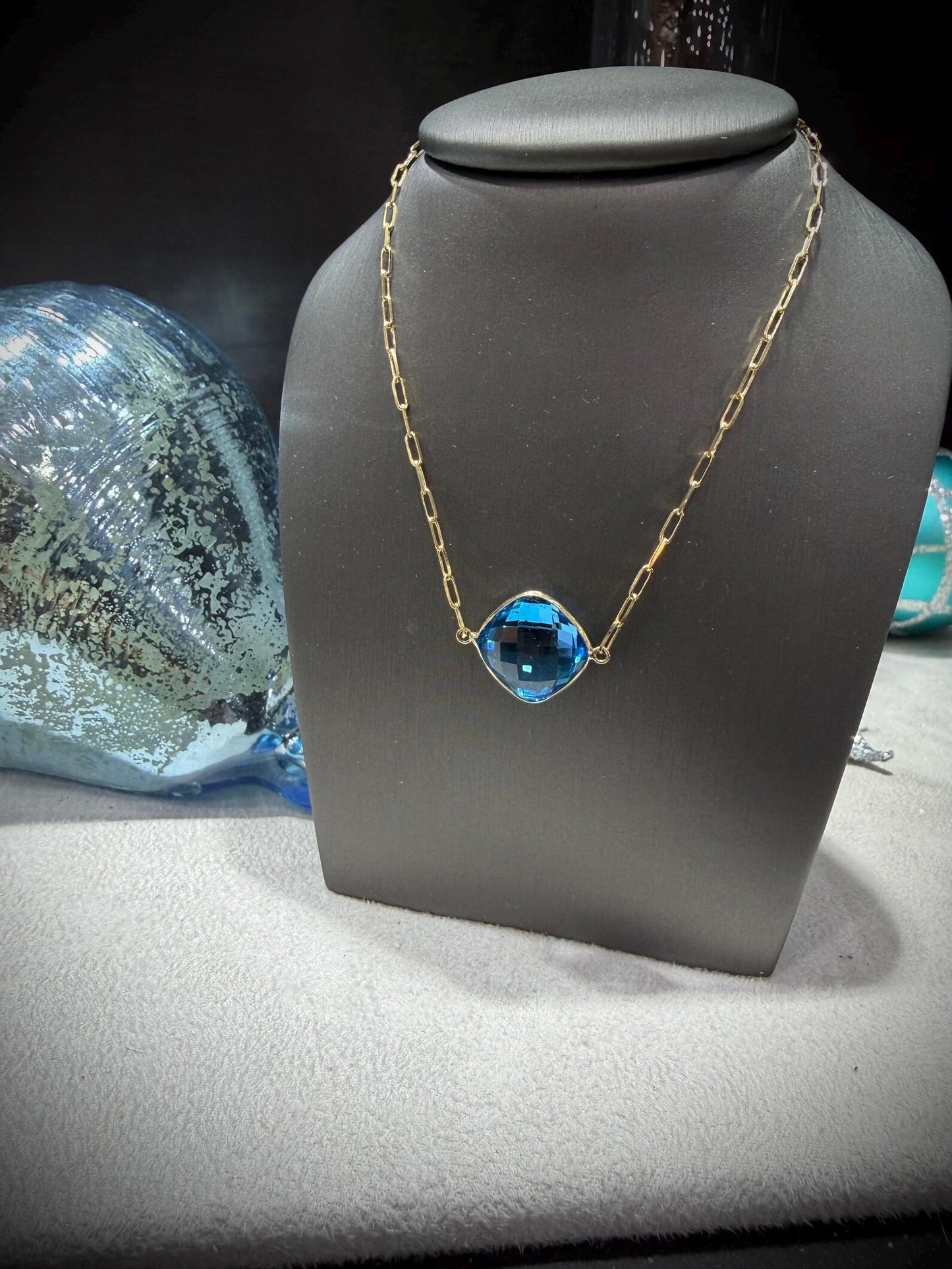 14K Yellow Gold Blue Topaz Necklace: Cushion Cut, Paperclip Chain