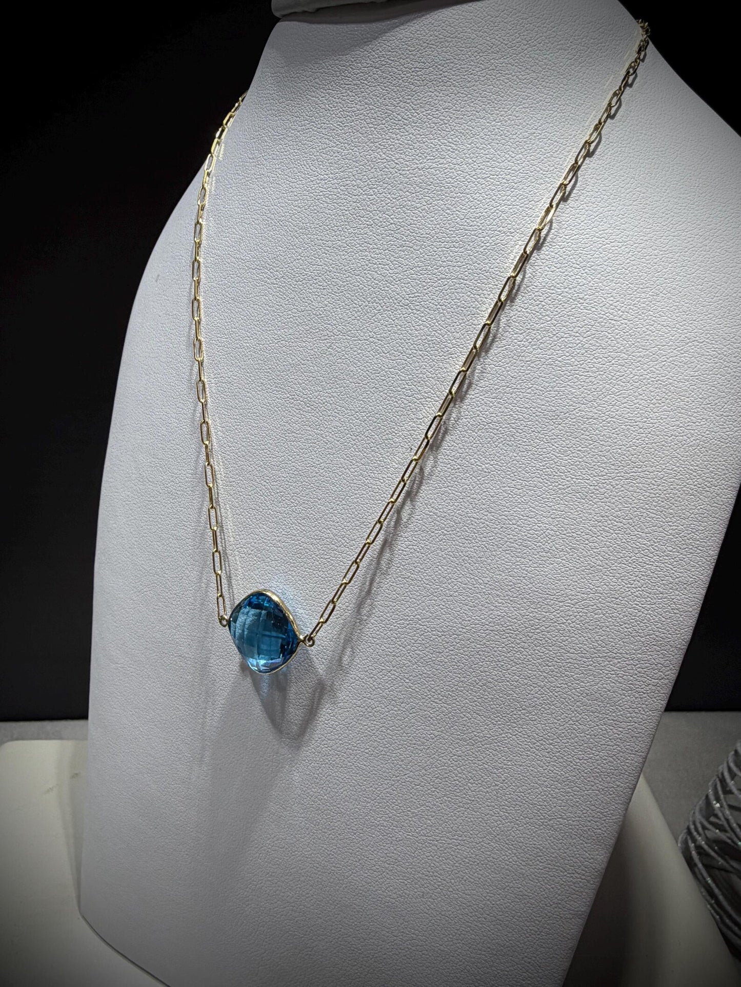 14K Yellow Gold Blue Topaz Necklace: Cushion Cut, Paperclip Chain