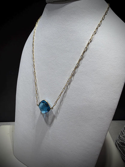 14K Yellow Gold Blue Topaz Necklace: Cushion Cut, Paperclip Chain