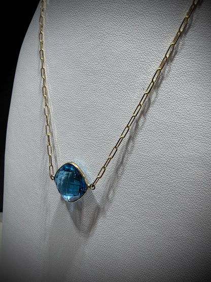 14K Yellow Gold Blue Topaz Necklace: Cushion Cut, Paperclip Chain